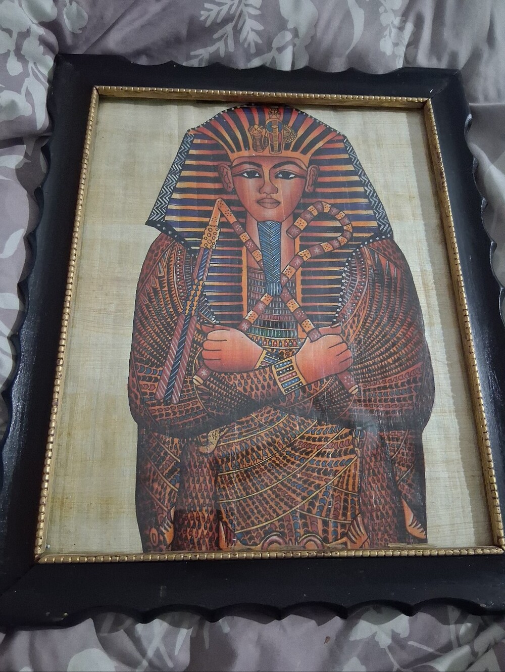 Framed Egyptian Pharaoh Papyrus Art Print in Black and Gold
